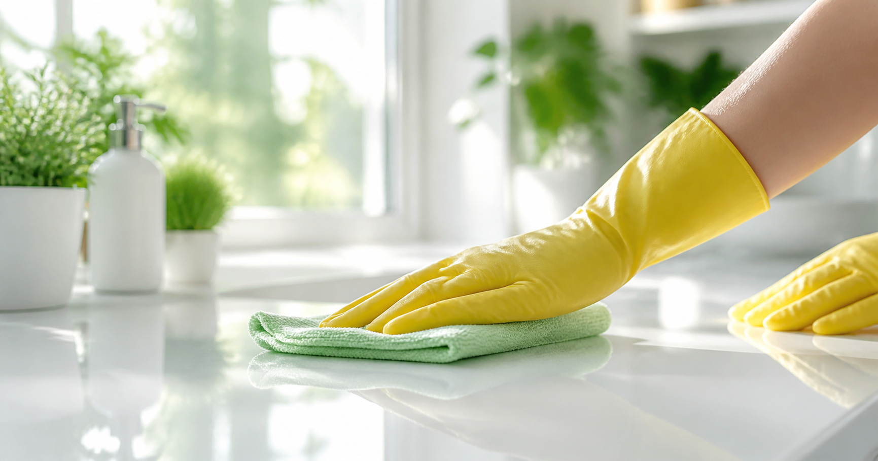 Illustrated checklist of 12 essential elements for a cleaning company website, including booking flow, service lists, and trust signals