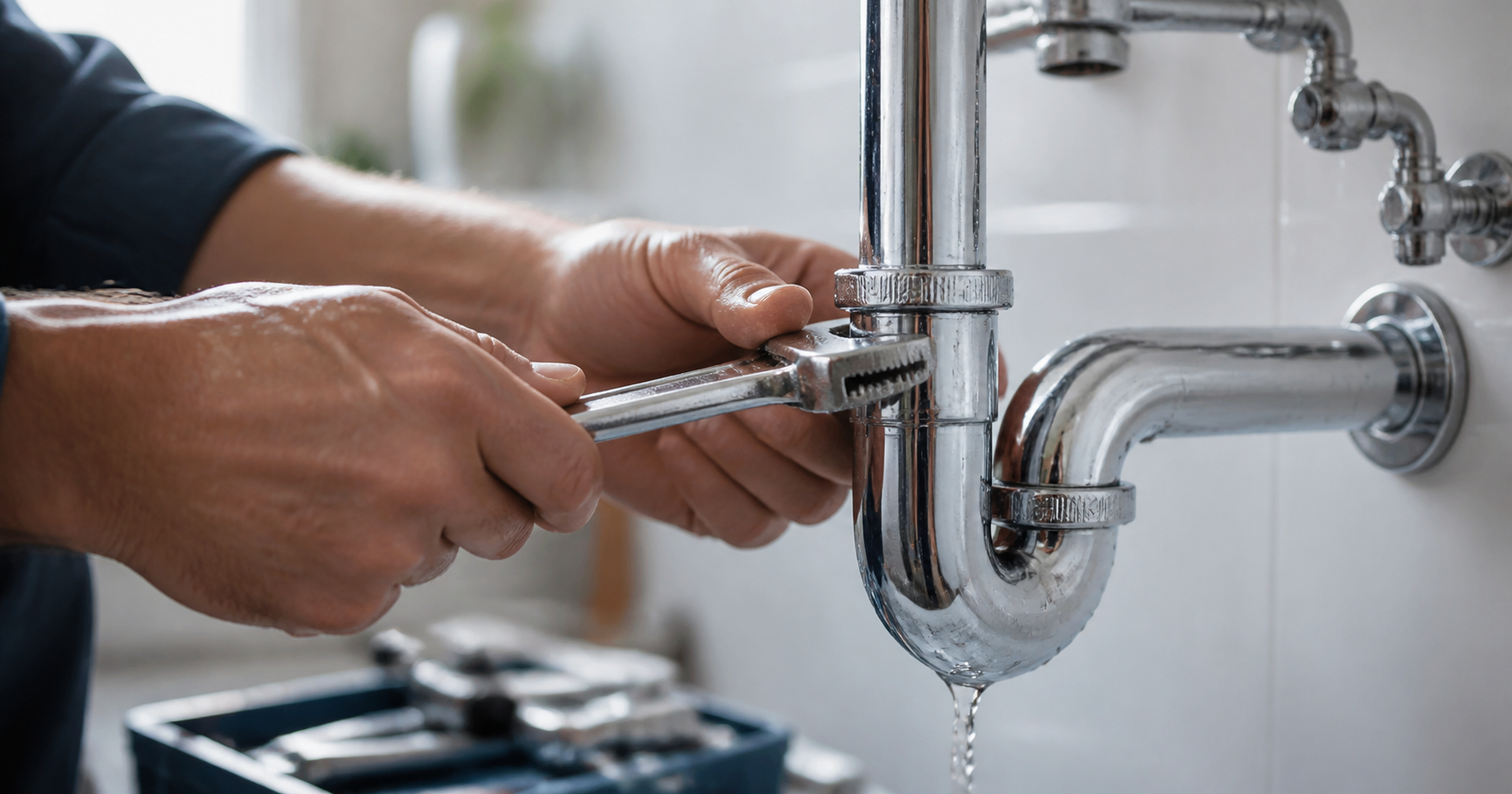 Illustrated checklist of 12 essential elements for a plumbing company website, including emergency contact, service area, and licence display