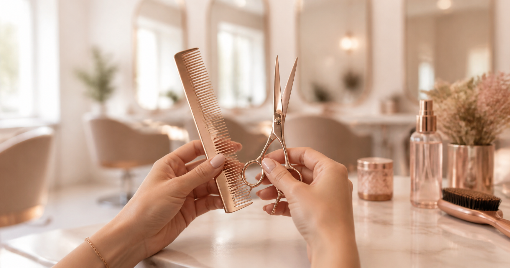 Illustrated checklist of 7 essential elements for a salon website that generates bookings, including online booking, service menu, and stylist profiles