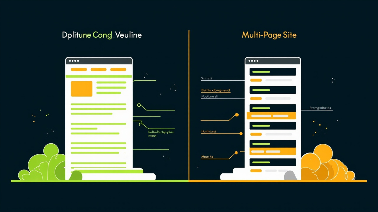 Editorial comparison illustration showing a single-page website with stacked sections on the left and a multi-page website with navigation links on the right