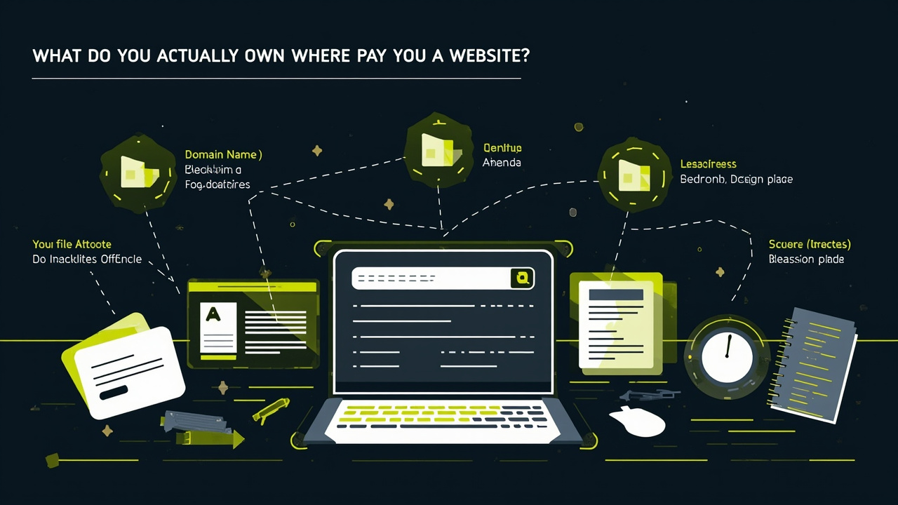 Editorial illustration showing the components of website ownership: domain certificate, hosting server, source code files, and design assets arranged on a desk