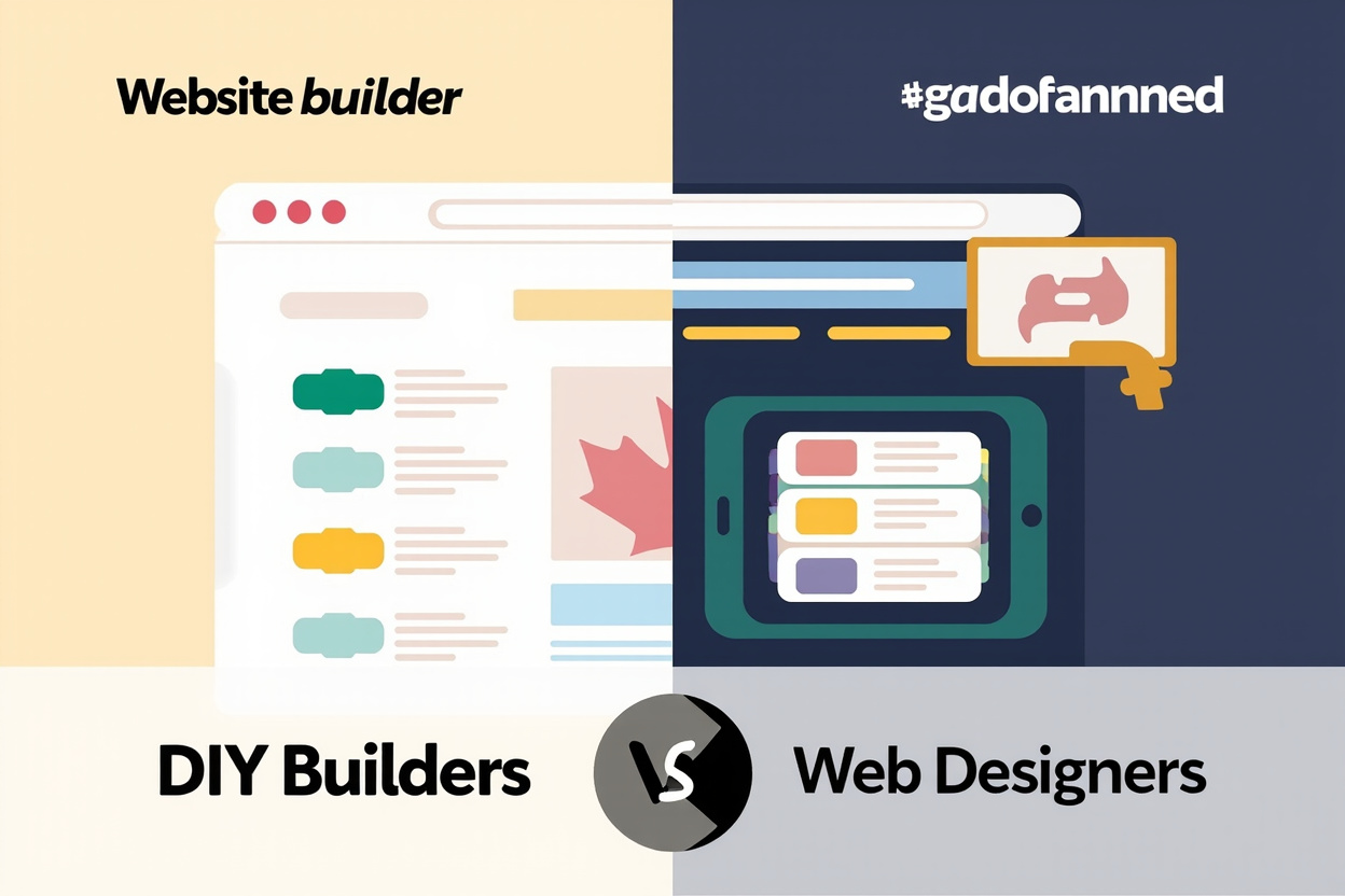 Split-screen comparison of a DIY website builder interface and a professional web designer workspace